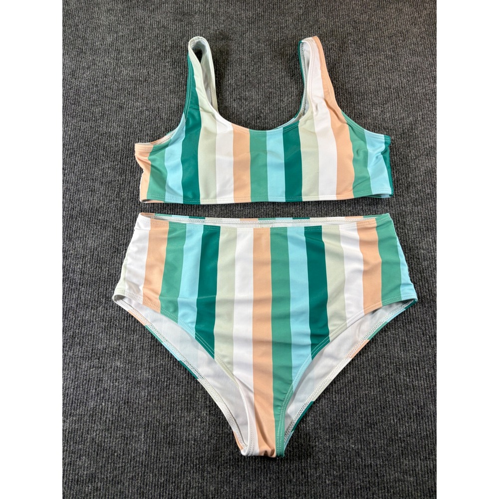 SHEIN Womens High Waisted Bikini Set Green Teal Peach Striped Scoop Neck Size L
